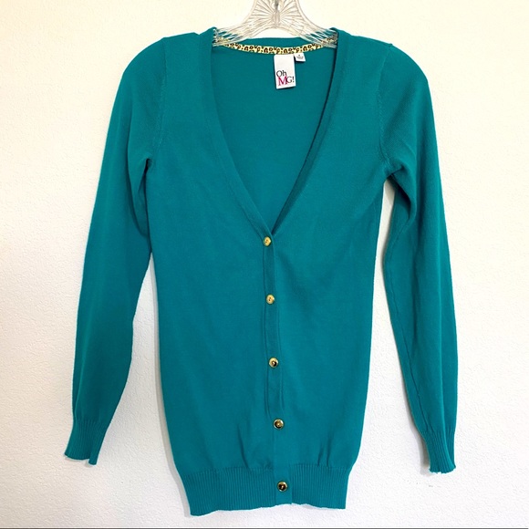 Teal, fitted cardigan with gold buttons - Picture 3 of 5